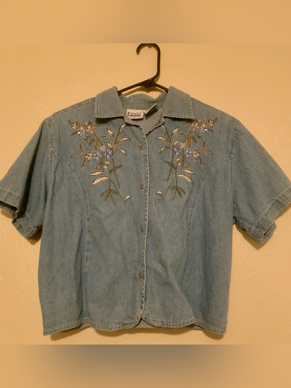 Vtg Cool Capacity Petites Light Blue Denim Embroidered Button-Front Shirt